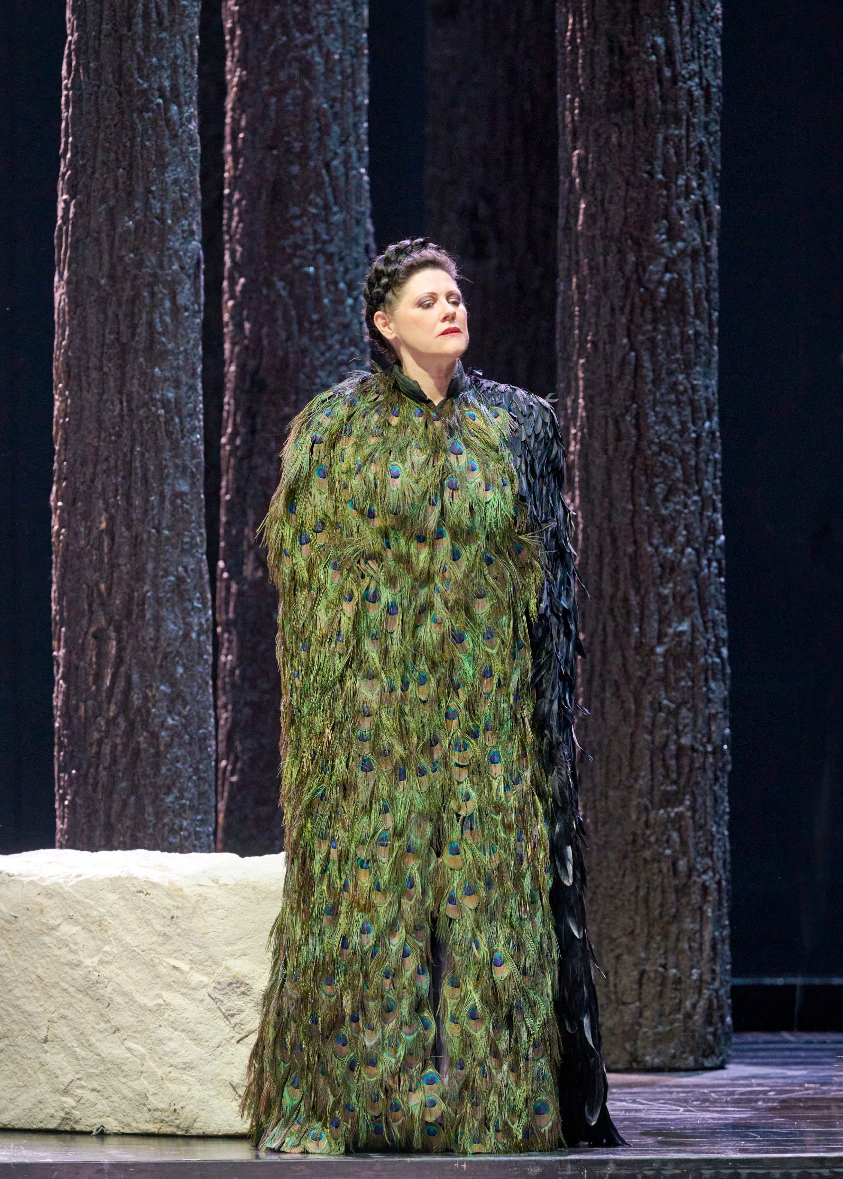 Eine Frau steht ernst in einem bodenlangen, schimmernden Mantel mit Pfauenfeder-Muster vor dunklen Baumstämmen.