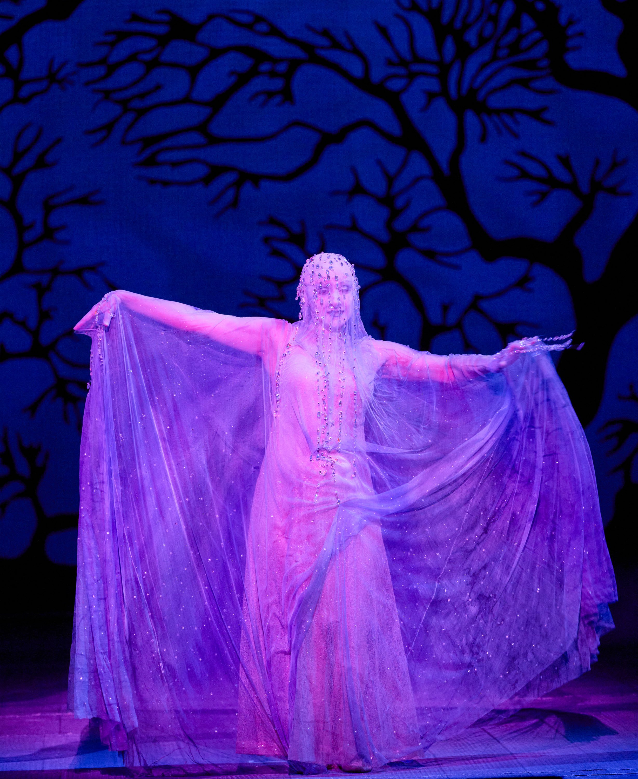 Eine elegant gekleidete Figur in fließendem, transparentem Gewand tanzt auf der Bühne vor einer dunkelblauen Kulisse mit schwarzen Baumumrissen.
